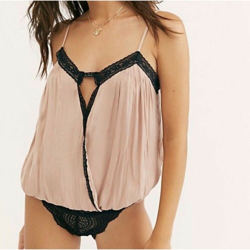 Free People Intimately Free Silky Nude Black Lace Surplice Bodysuit Cami S